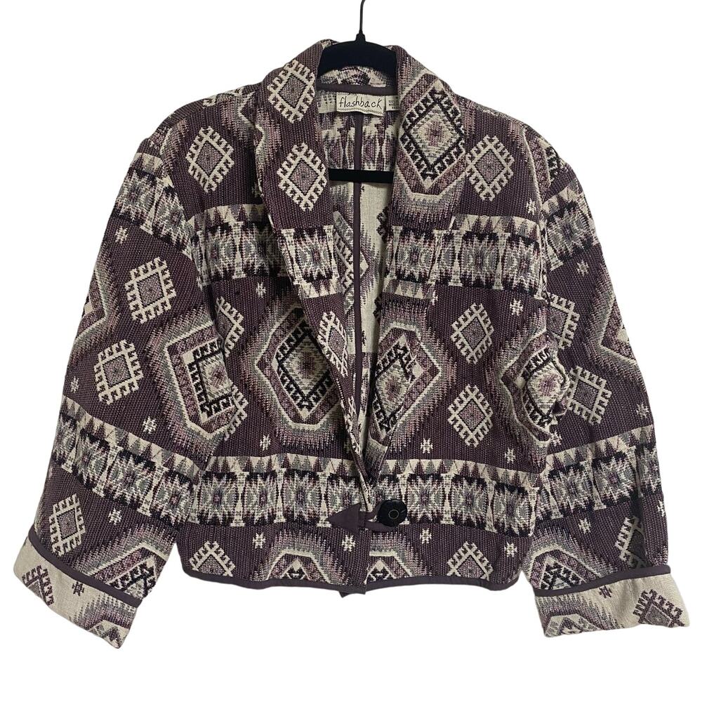 Vintage Flashback Cropped Jacket Western Boho Tapestry Purple Cream Short Sz M‎